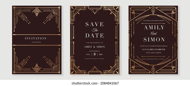 Art deco Hochzeitskarte Vektor. Luxuriöse klassische antike Karten Design für VIP-Einladung, Gatsby-Einladung Gold, Fancy-Party-Ereignis, Save the date card und Dankeschön-Karte. Vektorgrafik.