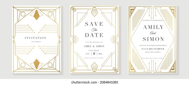 Art deco wedding invitation card vector. Luxury classic antique cards design for VIP invite, Gatsby invitation gold, Fancy party event, Save the date card and Thank you card. Vector illustration.