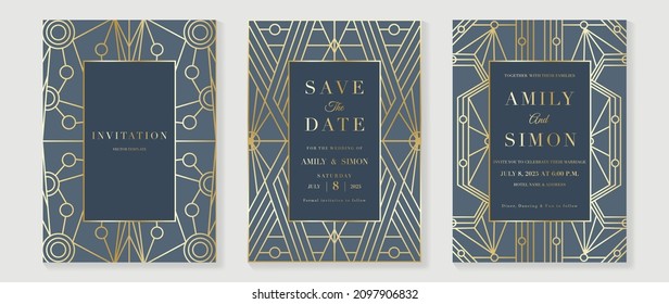 Art deco wedding invitation card vector. Luxury classic antique cards design for VIP invite, Gatsby invitation gold, Fancy party event, Save the date card and Thank you card. Vector illustration.