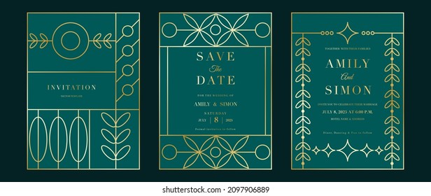 Art deco wedding invitation card vector. Luxury classic antique cards design for VIP invite, Gatsby invitation gold, Fancy party event, Save the date card and Thank you card. Vector illustration.