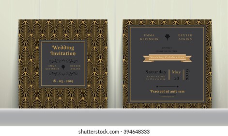 Art Deco Wedding Invitation Card  in Gold and Dark Gray on wood background