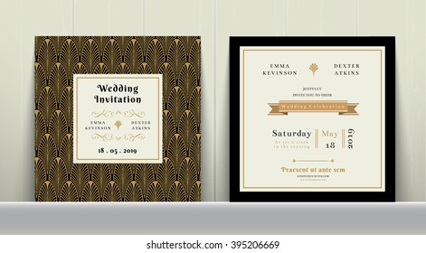 Art Deco Wedding Invitation Card in Gold and Black Colour on wood background