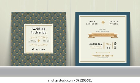 Art Deco Wedding Invitation Card in Gold and Blue on wood background