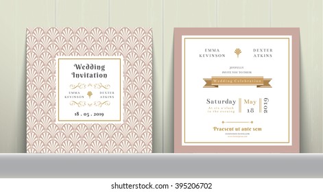 Art Deco Wedding Invitation Card In Gold And Pink On Wood Background