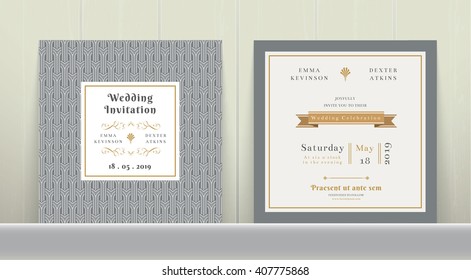 Art Deco Wedding Invitation Card In Gold And Gray On Wood Background