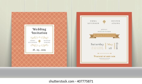 Art Deco Wedding Invitation Card in Gold and Orange on wood background