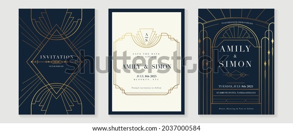 Art deco wedding invitation card vector.\
Luxury classic antique cards design for VIP invite, Gatsby\
invitation gold, Fancy party event, Save the date card and Thank\
you card. Vector\
illustration.