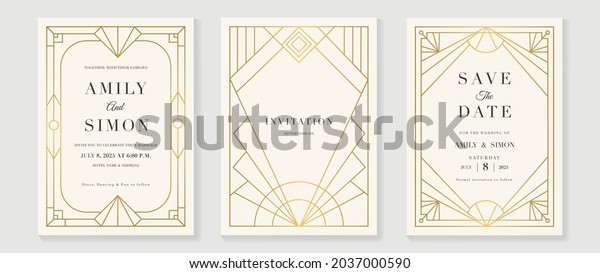 Art deco wedding invitation card vector.
Luxury classic antique cards design for VIP invite, Gatsby
invitation gold, Fancy party event, Save the date card and Thank
you card. Vector
illustration.