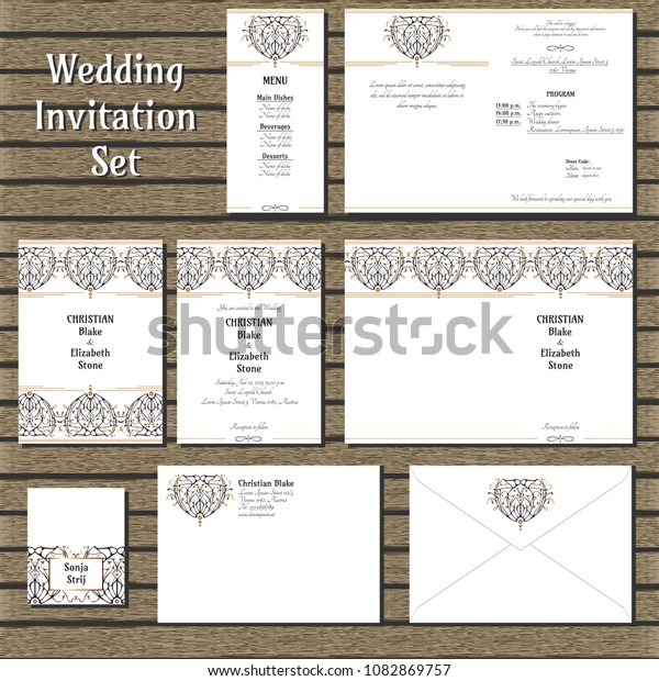 Art Deco Wedding Invitation Cards Set Stock Vector Royalty Free