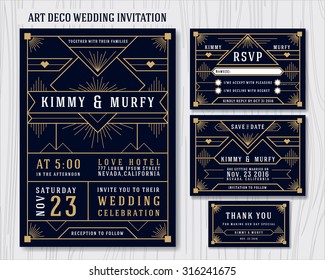 Art Deco Wedding Invitation Design Template. Include RSVP card, Save the date card, thank you tags. Classic Premium Vintage Style Frame Vector illustration.