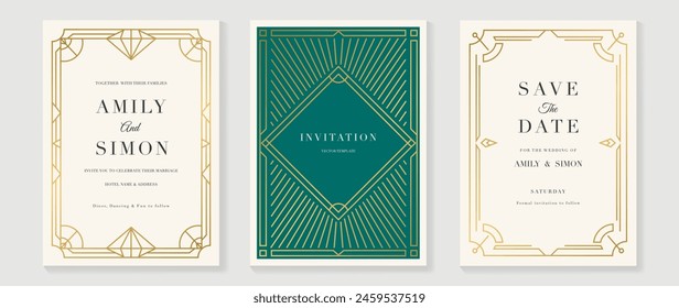 Art deco wedding invitation frame vector. Luxury classic antique cards design for VIP invite, Gatsby invitation gold, Fancy party event, Save the date card and Thank you card. Vector illustration. 