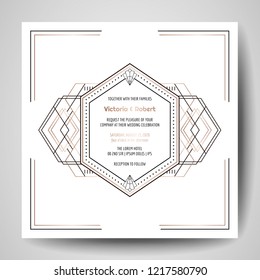 Art deco Wedding Invitation, Luxury Save the Date card with gold geometric frame. Vector trendy cover, graphic poster, gatsby 1920 brochure, design template