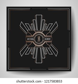 Art deco Wedding Invitation, Luxury Save the Date card with gold geometric frame. Vector trendy cover, graphic poster, gatsby 1920 brochure, design template