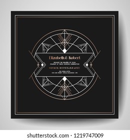 Art deco Wedding Invitation, Luxury Save the Date card with gold geometric frame. Vector trendy cover, graphic poster, gatsby 1920 brochure, design template