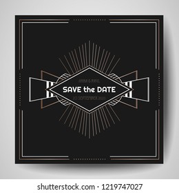 Art deco Wedding Invitation, Luxury Save the Date card with gold geometric frame. Vector trendy cover, graphic poster, gatsby 1920 brochure, design template