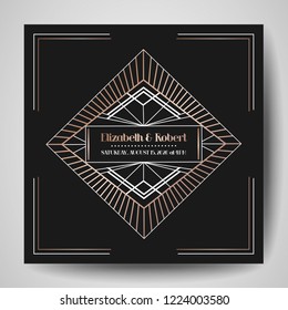 Art deco Wedding Invitation, Luxury Save the Date card with gold geometric frame. Vector trendy cover, graphic poster, gatsby 1920 brochure, design template
