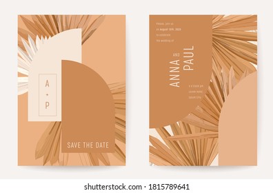 Art Deco Wedding Invitation, Modern minimal floral vector card, boho tropical dry palm leaves poster, frame set, terracotta template. Save the Date golden foliage trendy design, luxury brochure