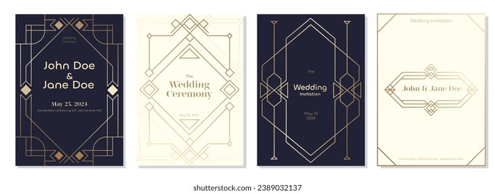 Art deco wedding invitation. Retro decorative label with geometric shapes and floral ornaments for wedding invitation postcard. Vector set. Premium card with filigree golden lines on dark light colors