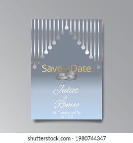 Art Deco with wedding rings invitation, silver and blue luxury elegant retro style. Save the date poster, geometric greeting card invite. Modern abstract vector illustration design and bokeh