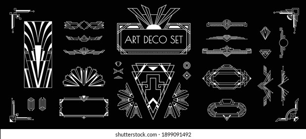 Art deco white silver vintage style decorative elements templates frames designs set black background isolated vector illustration