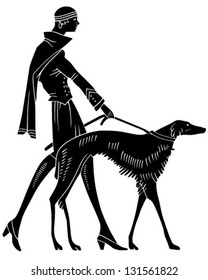 Art Deco Woman With Dog - Retro Clip Art Illustration