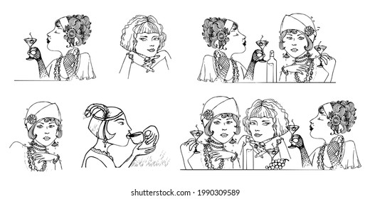 Art Deco woman. Roaring girl drink wine and coffee. 1920s. Gatsby female at the holds a glass of cocktail in her hand. Flappers women set. Retro, Vintage style hand drawn vector illustration
