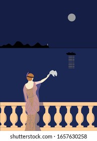 Art deco woman saying goodbye to someone in a ship. Moonlight in a dark night and a lighthouse in the distance.