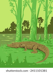 Afiche de Art Deco o WPA de un lagarto en el Parque Histórico Nacional Jean Laffite ubicado en la región del Delta del río Misisipi, Louisiana USA, hecho al estilo de administración del proyecto.