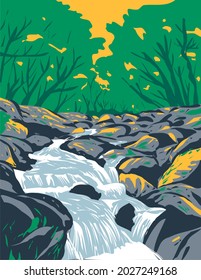 Art Deco or WPA poster of Becky Falls or Becka Falls on the Becka Brook over boulder-strewn river bed on Dartmoor National Park Devon England United Kingdom done in works project administration style.