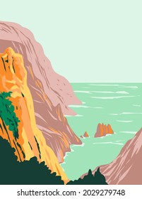 Art Deco or WPA poster of Calanques National Park or Parc National des Calanques in Sugiton on the Mediterranean coast in Bouches-du-Rhone Southern France done in works project administration style.