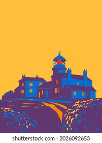 Art Deco or WPA poster of Caldey Lighthouse on Caldey Island within Pembrokeshire Coast National Park in Wales United Kingdom done in works project administration style.