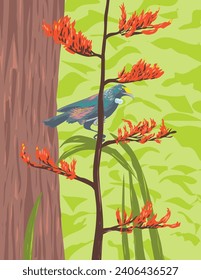 Art Deco or WPA poster of a Chatham Island tui, a large honeyeater bird native to New Zealand perching on a Phormium tenax, harakeke or New Zealand flax done in works project administration style.