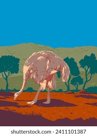 Art Deco or WPA poster of a common ostrich or Somali ostrich, a large flightless bird found in the Sahel region or Sahelian acacia savanna of Africa done in works project administration style.