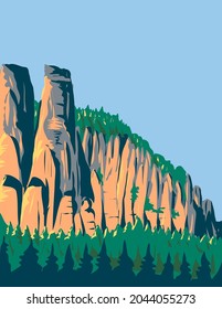 Art Deco oder WPA-Poster der Elbe Sandstone Berge im Saxon Schweiz Nationalpark in der Schweiz im Stil der Projektverwaltung.