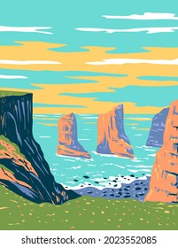 Art Deco or WPA poster of the Elegug Stack Rocks located in Pembrokeshire Coast National Park in west Wales, United Kingdom done in works project administration style.