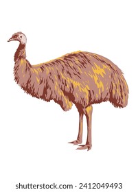 Art Deco or WPA poster of an emu viewed from side on isolated white background done in works project administration style.