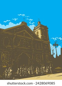 Art Deco or WPA poster art of facade of Minor Basilica of the Holy Child, Basílica Minore del Santo Nino de Cebu, Santo Nino Basilica in Cebu City Philippines in works project administration style.