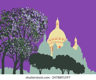 Art Deco or WPA poster art of facade of Basilica of Sacre Coeur de Montmartre, Sacre Coeur Basilica dedicated to the Sacred Heart of Jesus in Paris France done in works project administration style.