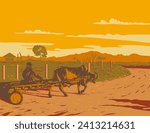 Art Deco or WPA poster art of a Filipino farmer and Brahman bull Brahma cow or pulling a cart in pineapple plantation in Malaybalay, Bukidnon, Philippines done in works project administration style.