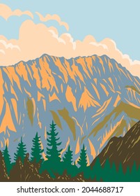 Art Deco or WPA Poster of Gesause National Park located in the mountainous Upper Styrian region within the Ennstal Alps in Styria, Austria done in works project administration style.