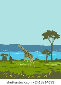 Art Deco or WPA poster of a giraffe or Giraffa camelopardalis in Murchison Falls National Park near Masindi in Uganda, Africa done in works project administration style.