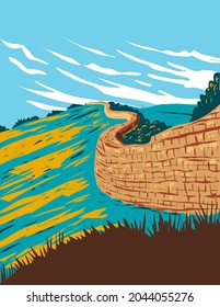 Art Deco or WPA poster of Hadrian's Wall near Brampton in Northumberland National Park, England, UK done in works project administration style.