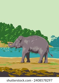 Art Deco or WPA poster of an Indian elephant in along the Mahanadi river in Mahanadi Elephant Reserve located in Odisha, India done in works project administration style.