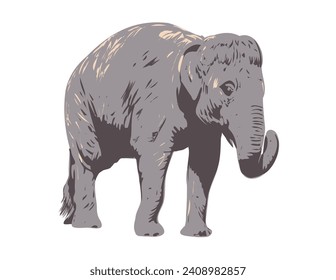 Art Deco or WPA poster of an Indian elephant viewed from side on isolated white background done in works project administration style.