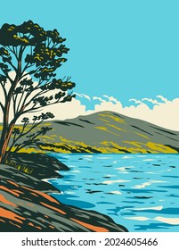 Art Deco or WPA poster of Inveruglas Isle located in Loch Lomond and the Trossachs National Park, Scotland, United Kingdom done in works project administration style.