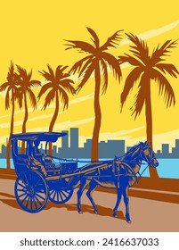 Art Deco or WPA poster art of a kalesa or calesa, a two-wheeled horse-drawn carriage along the Baywalk strip at Manila Bay in the Philippines done in works project administration style.