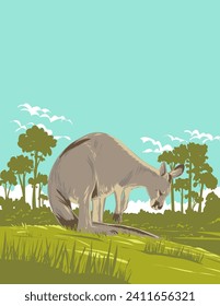 Art Deco or WPA poster of a kangaroo in Murramarang National Park on the South Coast of NSW New South Wales, Australia done in works project administration style.