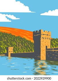 Art Deco or WPA poster of the Ladybower and Derwent reservoirs within the Derwent Valley Peak District National Park, Derbyshire, England, United Kingdom done in works project administration style.