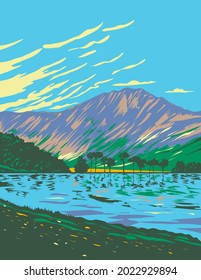 Art Deco or WPA poster of Lake Buttermere within Lake District National Park located in Cumbria in northwest England, United Kingdom done in works project administration style.