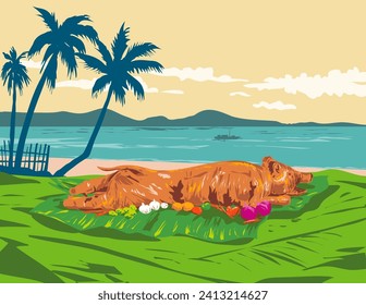 Art Deco or WPA poster art of a lechon, litson or roasted suckling pig at the beach in Talisay City, Cebu, Philippines done in works project administration style.